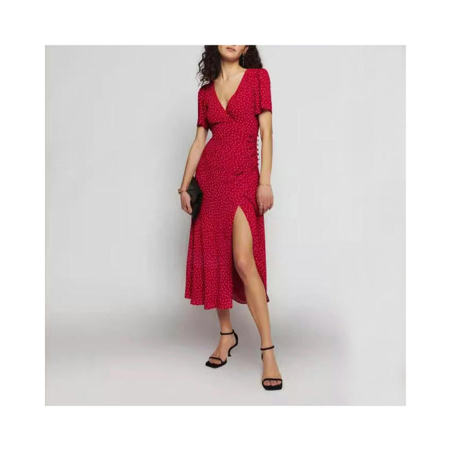 Womens Summer Casual Short Sleeve V Neck Ruched Split Midi Dresses