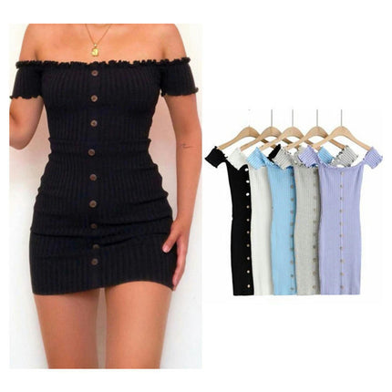 Womens Summer Casual Short Sleeve Off Shoulder Knit Bodycon Midi Dresses