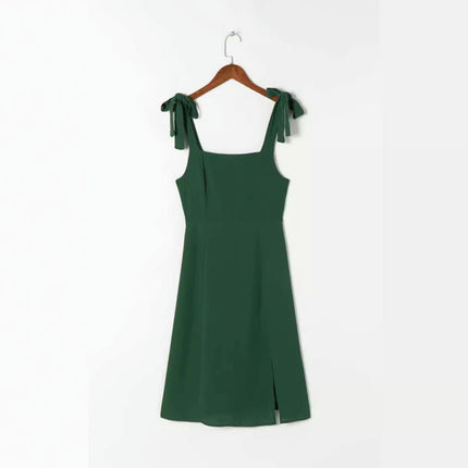 Womens Square Neck Slit Summer Dress Tie Strap A Line Midi Dresses