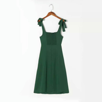 Womens Square Neck Slit Summer Dress Tie Strap A Line Midi Dresses