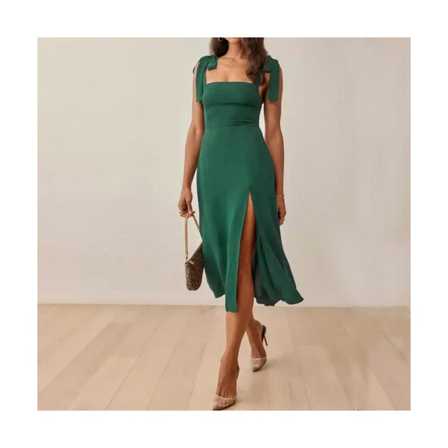 Womens Square Neck Slit Summer Dress Tie Strap A Line Midi Dresses
