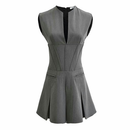 Women's Deep V Neck Sleeveless A Line Slim Fit Ruched Mini Dress