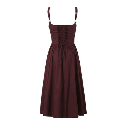 Women Corset Square Neck Long Dress Sleeveless Spaghetti Strap Swing Midi Dresses