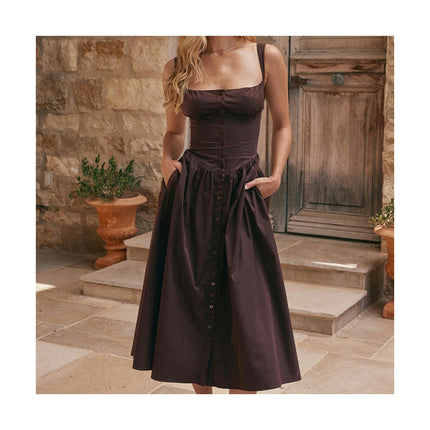 Women Corset Square Neck Long Dress Sleeveless Spaghetti Strap Swing Midi Dresses