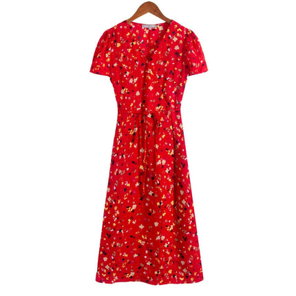 Women Summer V Neck Floral Print Swing Dress Short Sleeve Midi Dresses