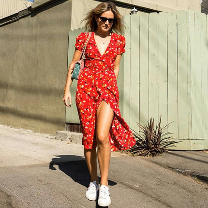 Women Summer V Neck Floral Print Swing Dress Short Sleeve Midi Dresses