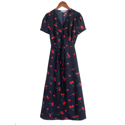 Women Summer V Neck Floral Print Swing Dress Short Sleeve Midi Dresses