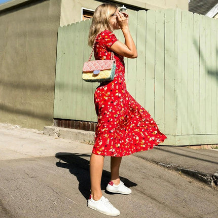 Women Summer V Neck Floral Print Swing Dress Short Sleeve Midi Dresses
