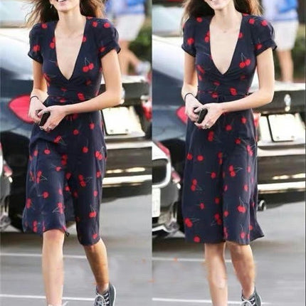 Women Summer V Neck Floral Print Swing Dress Short Sleeve Midi Dresses