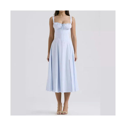 Women's Summer Midi Dresses Casual Corset Square Neck Split A-line Dress