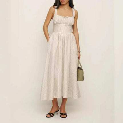 Women Square Neck Long Dress Sleeveless Spaghetti Strap Swing Summer Dresses