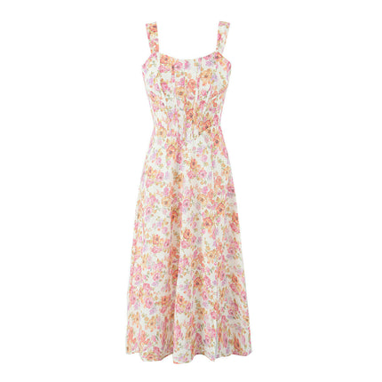 Women Spaghetti Strap Midi Dress Floral Corset Sleeveless Square Neck Split Dress