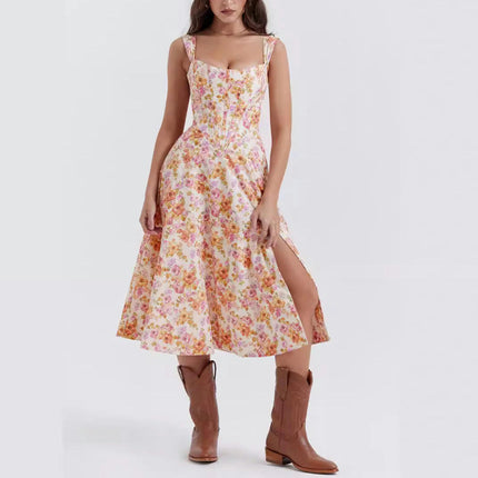 Women Spaghetti Strap Midi Dress Floral Corset Sleeveless Square Neck Split Dress