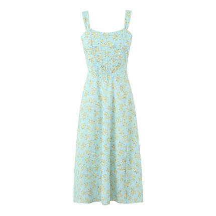 Women Spaghetti Strap Midi Dress Floral Corset Sleeveless Square Neck Split Dress