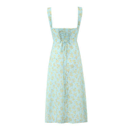 Women Spaghetti Strap Midi Dress Floral Corset Sleeveless Square Neck Split Dress