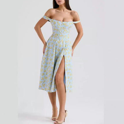 Women Spaghetti Strap Midi Dress Floral Corset Sleeveless Square Neck Split Dress