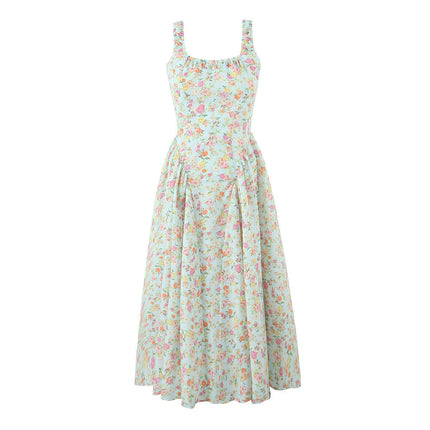 Women Summer Floral Dress Spaghetti Straps Ruffle Corset Square Neck Flowy Dress