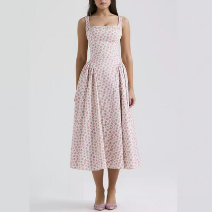 Women Summer Floral Dress Spaghetti Straps Ruffle Corset Square Neck Flowy Dress