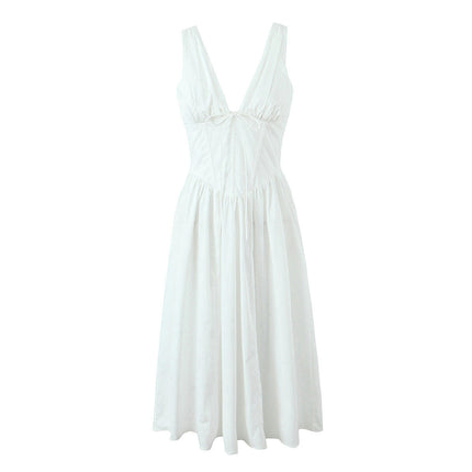 Women's Summer Casual Dress Sleeveless Deep V Neck Solid A-Line Midi Dresses