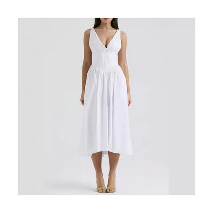 Women's Summer Casual Dress Sleeveless Deep V Neck Solid A-Line Midi Dresses