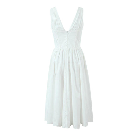 Women's Summer Casual Dress Sleeveless Deep V Neck Solid A-Line Midi Dresses