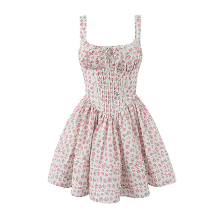Women Corset Dress Floral Mini Dress Spaghetti Straps Ruffle Summer Sundress