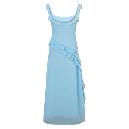 Womens Spaghetti Strap High Slit Bodycon Maxi Dress Square Neck Backless Ruffle Dress