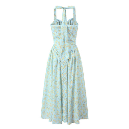 Women's Sleeveless Corset Midi Dress Halter Neck Floral Flowy Long Dresses