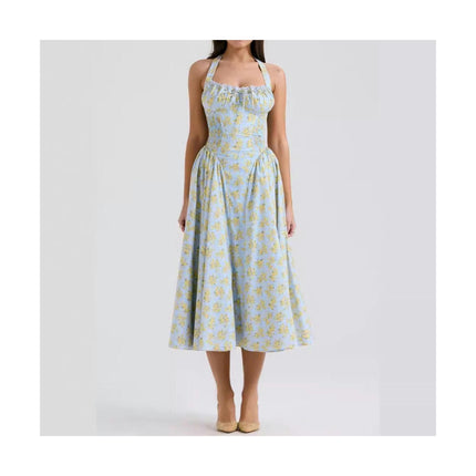 Women's Sleeveless Corset Midi Dress Halter Neck Floral Flowy Long Dresses