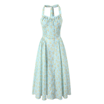 Women's Sleeveless Corset Midi Dress Halter Neck Floral Flowy Long Dresses