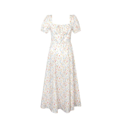 Women's Puff Short Sleeve Midi Dress Square Neck Floral Flowy Long Dresses