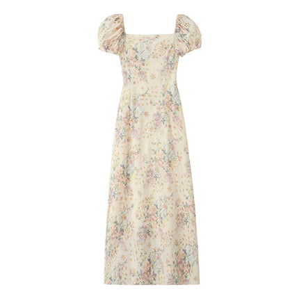 Women's Summer Floral Puff Short Sleeve Square Neck Swing Maxi Dress