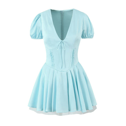 Women's Summer Mini Dress Deep V Neck Puff Short Sleeve A-Line Short Dress