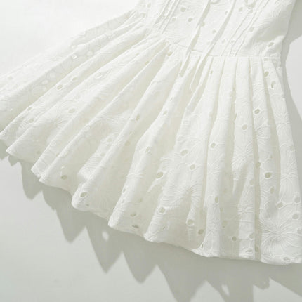 Women Eyelet Embroidery Mini Dress Puff Sleeve Deep V Neck Summer Dress