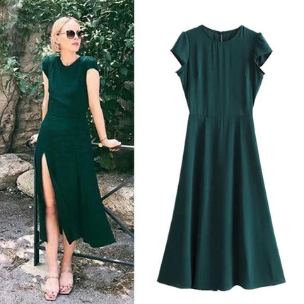 Women's Short Sleeve Round Neck Midi Split Flowy Hem Summer Dresses