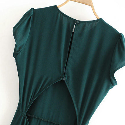 Women's Short Sleeve Round Neck Midi Split Flowy Hem Summer Dresses