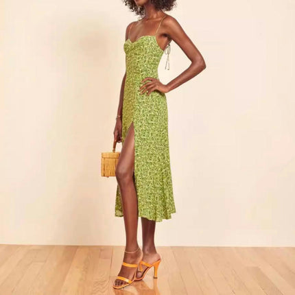 Women Floral Midi Dress Boho Tie Strap A Line Flowy Slit Casual Dresses