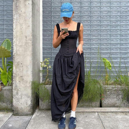 Women's Summer Maxi Dress Sleeveless Spaghetti Strap Tiered Ruffled Dresses