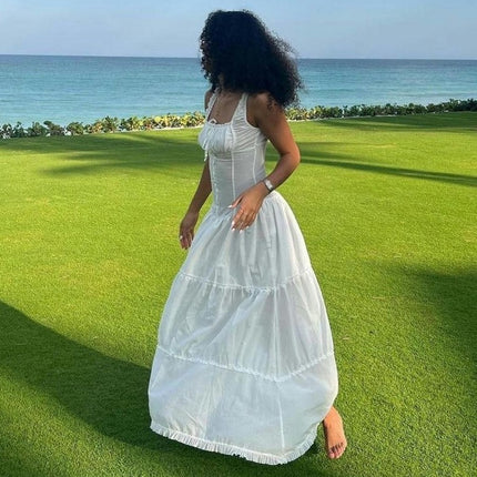 Women's Summer Maxi Dress Sleeveless Spaghetti Strap Tiered Ruffled Dresses
