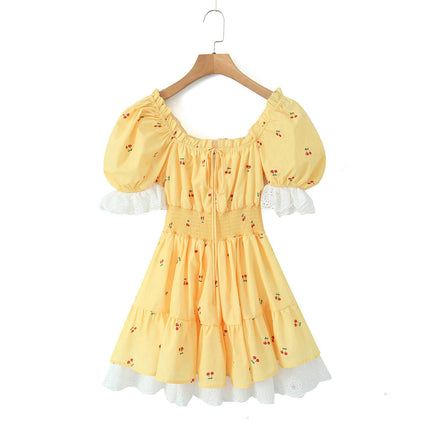 Women's Boho Square Neck Puff Short Sleeve Self Tie Front A Line Mini Dress