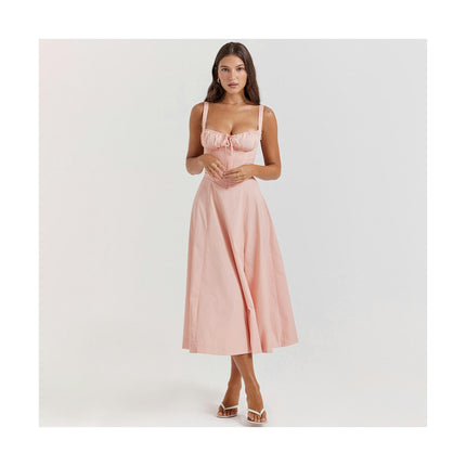 Women Square Neck Midi Dress Low Cut Sleeveless Bustier Spaghetti Strap Sundress