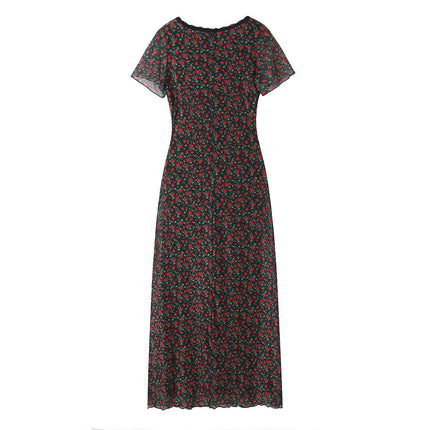 Women's Summer Wrap Floral Dress Lace V-Neck Short Sleeve Maxi Dresses