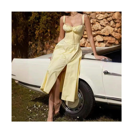 Womens Corset Dress Elegant Spaghetti Strap Midi Dress Flowy Low Cut Split Dresses