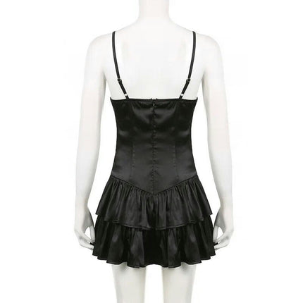 Women's Sexy V-Neck Spaghetti Strap Sleeveless Ruffle A Line Mini Dress