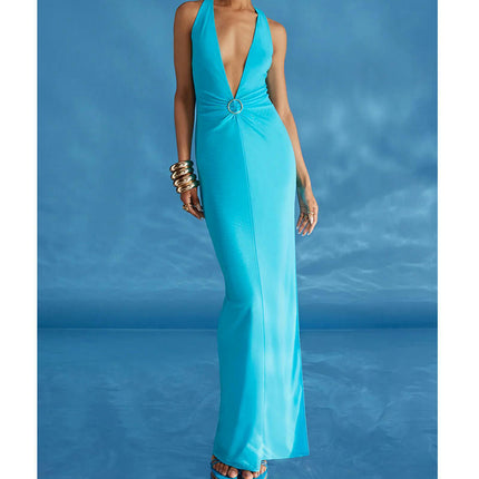 Women Mesh See Through Sleeveless Deep V Neck Split Bodycon Maxi Dress
