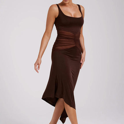 Women Strap Bodycon Midi Dress Square Neck Asymmetrical Hem Dress