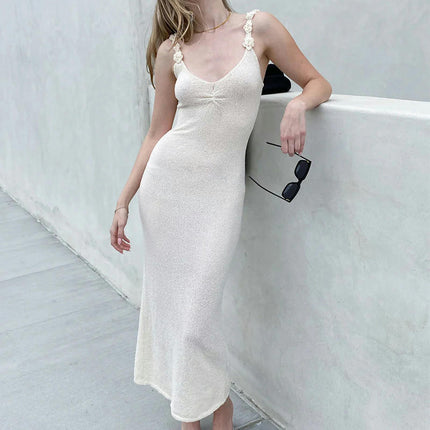 Womens Summer Deep V Neck Knit Maxi Dress Bodycon Sleeveless Split Dresses