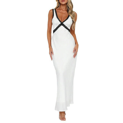 Womens Summer Lace Deep V Neck Maxi Dress Bodycon Sleeveless Evening Dresses