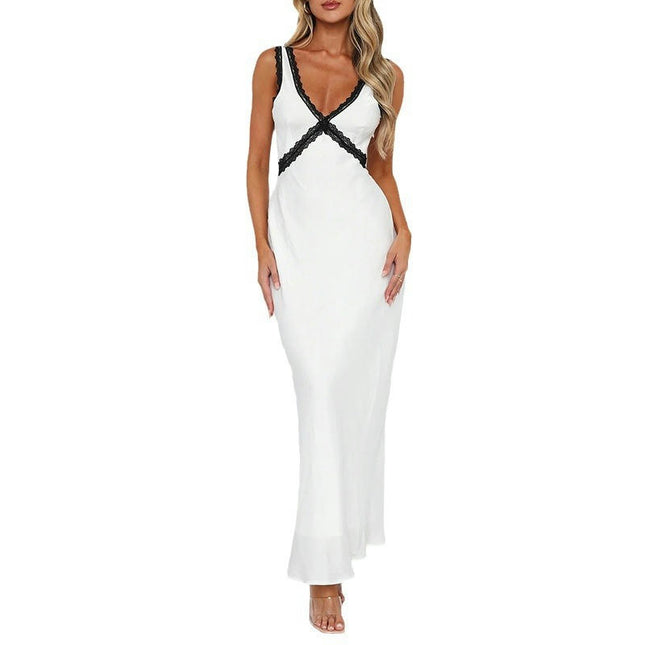 Womens Summer Lace Deep V Neck Maxi Dress Bodycon Sleeveless Evening Dresses