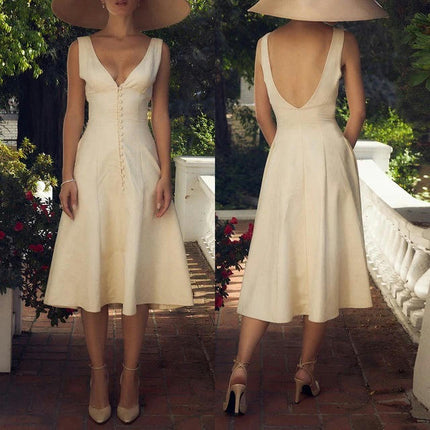 Womens Summer Deep V Neck Midi Dress Backless Sleeveless A line Flowy Dresses